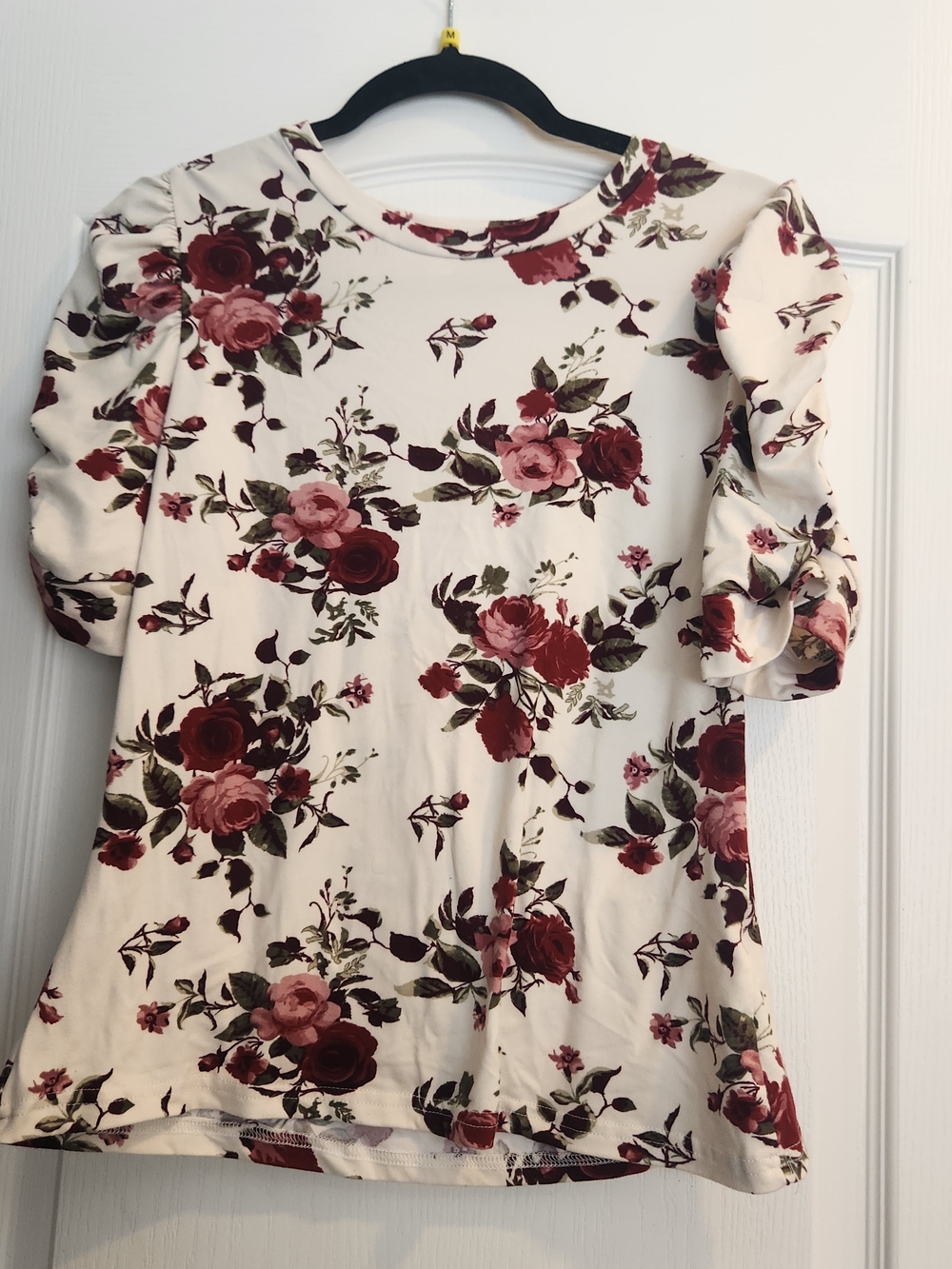 Orange Kiss Cream Floral Puff-Sleeve Blouse in Rose and Burgundy XL Euc